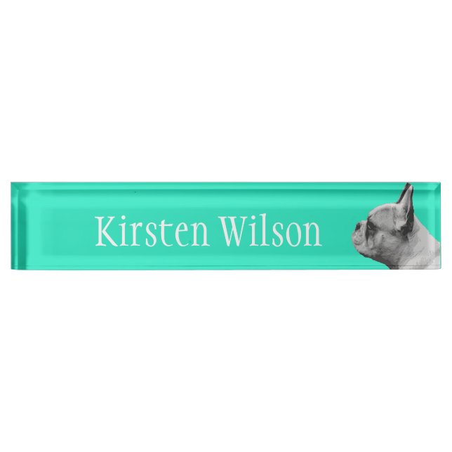 Porte-nom Pour Bureau Frenchie Love | Couleur Aqua (Devant)