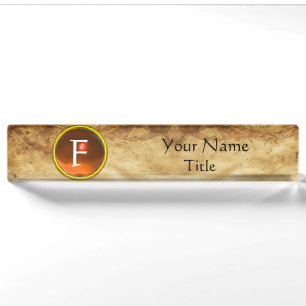 Porte-nom Pour Bureau GEM MONOGRAM, ORANGE SAPPHIRE, parchemin
