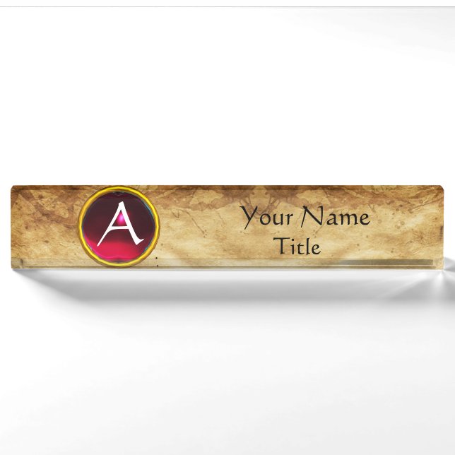 Porte-nom Pour Bureau GEM MONOGRAM, ROUGE RUBY, parchemin (Devant)