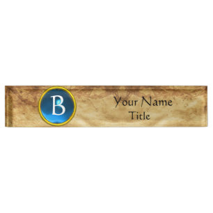 Porte-nom Pour Bureau GEM MONOGRAM, SAPHIRE BLEU, parchemin
