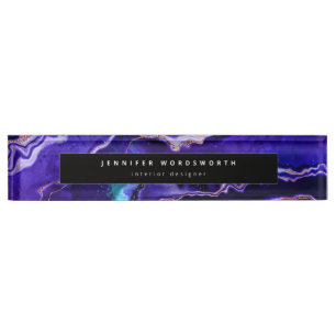 Porte-nom Pour Bureau Géode Agate Noir Violet Moderne Professionnel