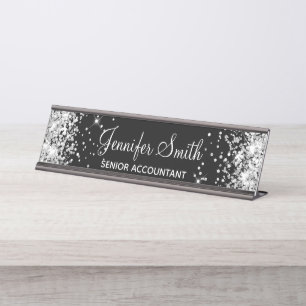 Porte-nom Pour Bureau Girl Faux Parties scintillant argent noir