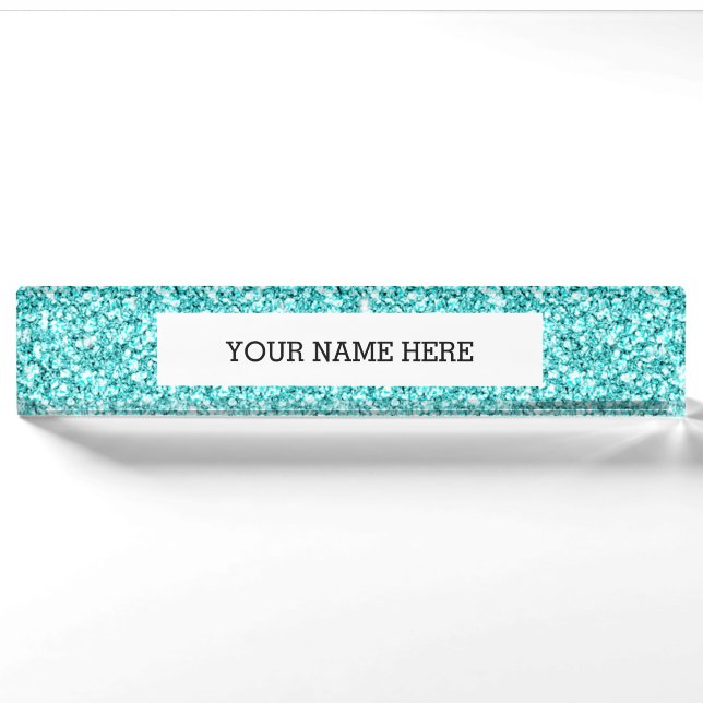 Porte-nom Pour Bureau Girly, parties scintillantes bleues d'Aqua (Devant)
