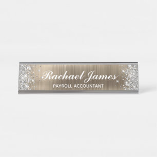 Porte-nom Pour Bureau Glitter Argent Classique Feuille de Faux Or