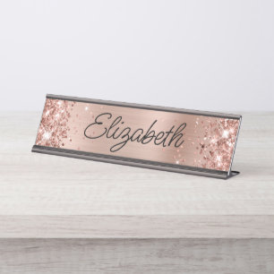 Porte-nom Pour Bureau Glitter Rose Lumière Or Foil Monoline Script