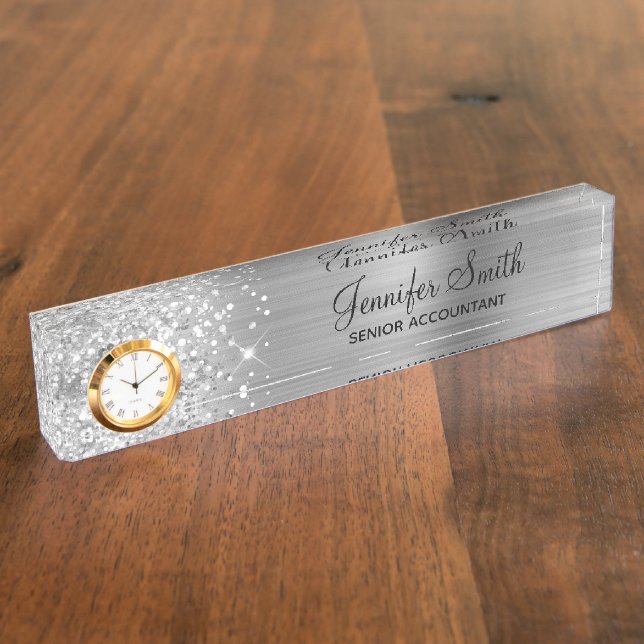 Porte-nom Pour Bureau Glitterie fillette en argent Glam (Taille)