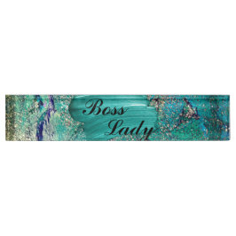 Porte-nom Pour Bureau Glittery Aqua Peinture Strots Boss Lady