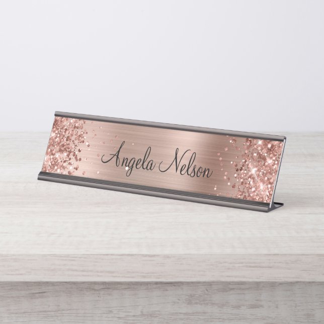 Porte-nom Pour Bureau Glittery Faux Rose Gold Foil Nom (Devant)