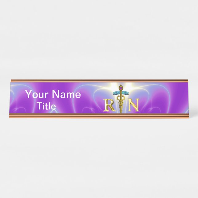 Porte-nom Pour Bureau GOLD CADUCEUS SYMBOLE INFIRMIER INSCRIT Pink Purpl (Devant)