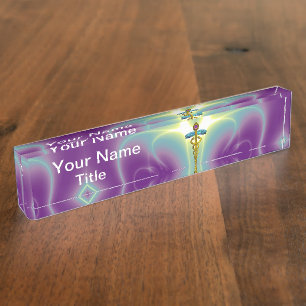 Porte-nom Pour Bureau GOLD CADUCEUS, Vibrant violet vert