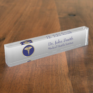Porte-nom Pour Bureau Gold Médicale Caduceus Blue Professional