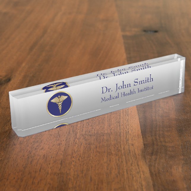 Porte-nom Pour Bureau Gold Médicale Caduceus Blue Professional (Taille)