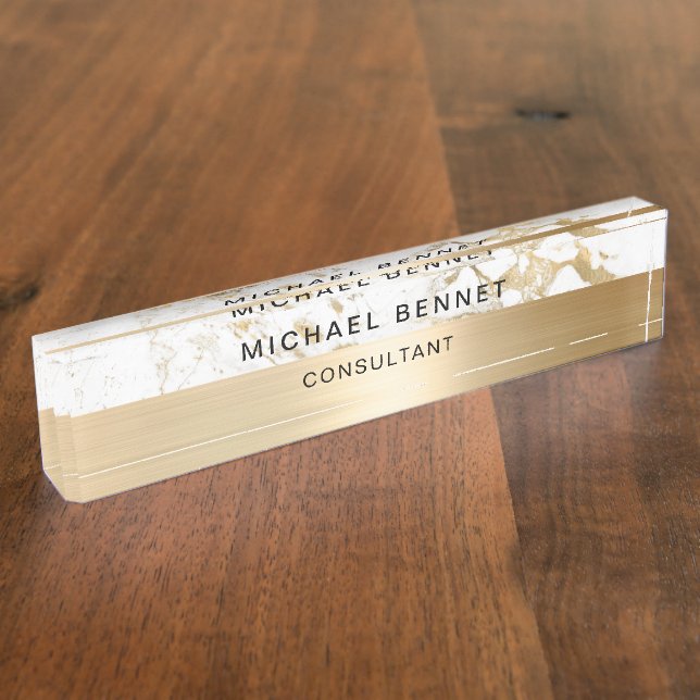 Porte-nom Pour Bureau Gold Metallic Marbre blanc Consultant (Taille)