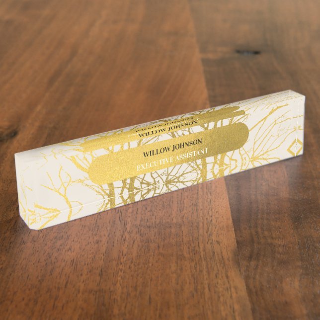 Porte-nom Pour Bureau Gold Tree Branches Motif Arrière - plan beige (Taille)
