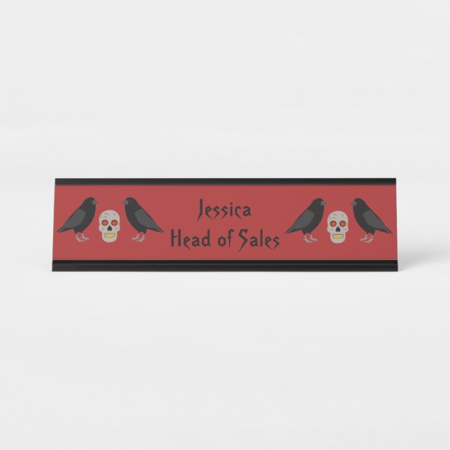Porte-nom Pour Bureau Gothique crâne et gardien Ravens Halloween Custom (Devant)