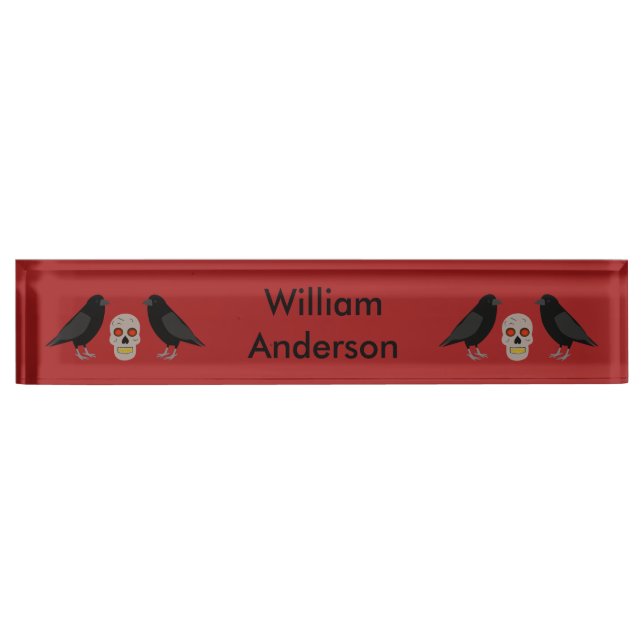 Porte-nom Pour Bureau Gothique crâne et gardien Ravens Halloween Custom (Devant)