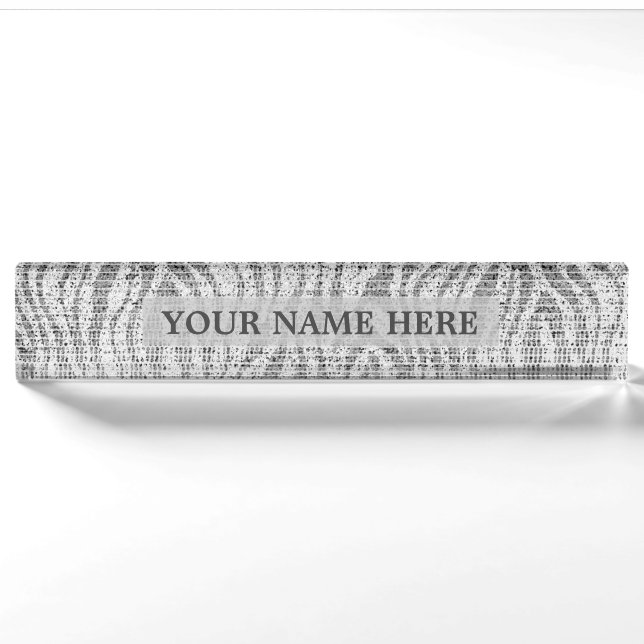 Porte-nom Pour Bureau Gris Silver Blanc Zèbre Imprimer Glam Personnalisé (Devant)