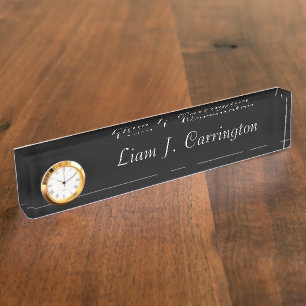 Porte-nom Pour Bureau Horloge Élégante Votre Nom Script Bureau Noir