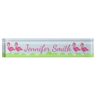 Porte-nom Pour Bureau Île tropicale Flamant rose rose Oiseau Vert herbe