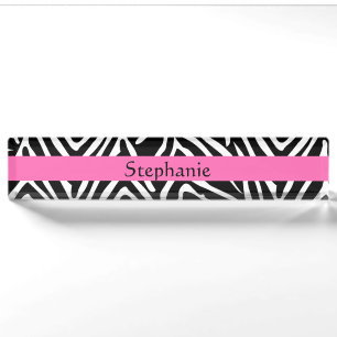 Porte-nom Pour Bureau Impression Zèbre noir, blanc et rose chaud personn