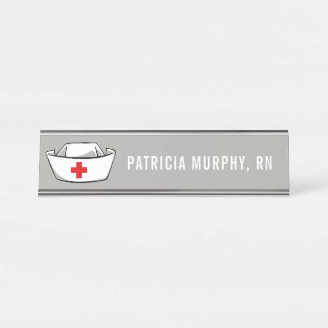 Porte-nom Pour Bureau Infirmière Casquette RN Nom du monogramme Gris (Devant)