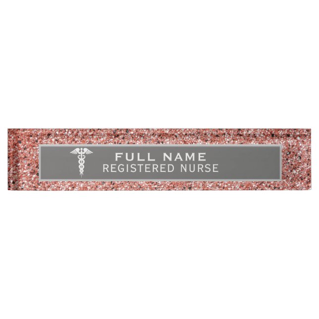 Porte-nom Pour Bureau Infirmière inscrite Caduceus Rose Parties scintill (Devant)