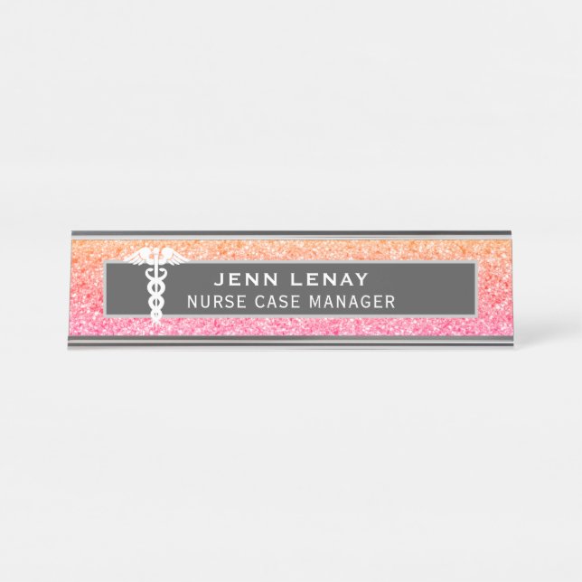 Porte-nom Pour Bureau Infirmière Médicale Caduceus Coral rose Parties sc (Devant)