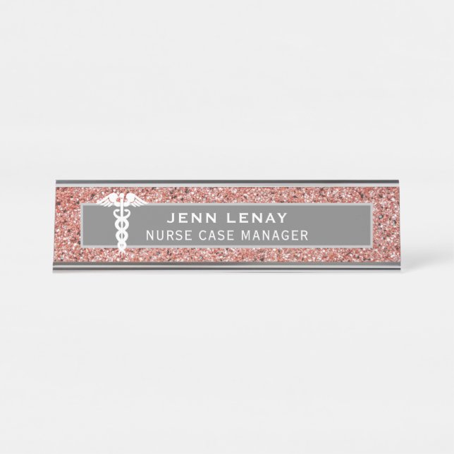 Porte-nom Pour Bureau Infirmière Médicale Caduceus Rose Rose Parties sci (Devant)