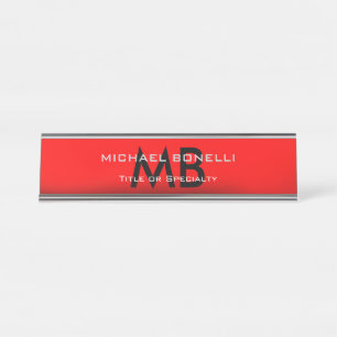 Porte-nom Pour Bureau Initiales modernes en monogramme noir rouge