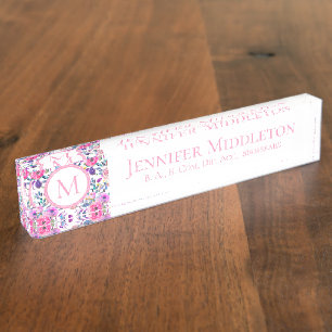 Porte-nom Pour Bureau Joli Monogramme floral rose personnalisé
