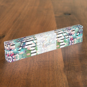 Porte-nom Pour Bureau Jolie aquarelle cactus design floral et rayures