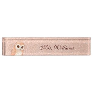 Porte-nom Pour Bureau Jolie Chouette Rose Gold Pailleté Professeur 