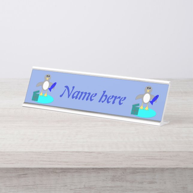 Porte-nom Pour Bureau Joyeux Noël Pêche pingouin Personnalisé (Devant)