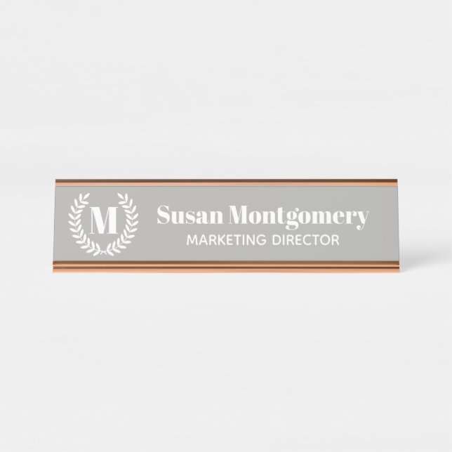 Porte-nom Pour Bureau Laurels blanc classique et monogramme | Personnali (Devant)