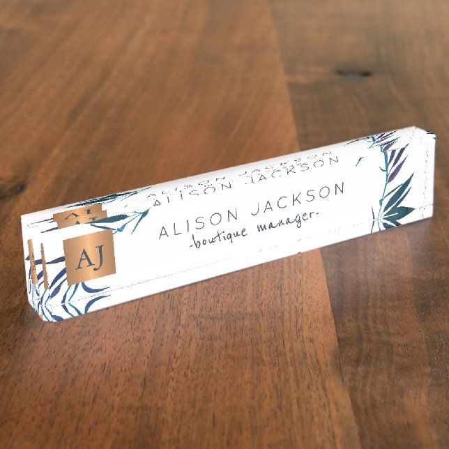 Porte-nom Pour Bureau lauriers d'aquarelle bleu océan cuivre monogrammé (Taille)
