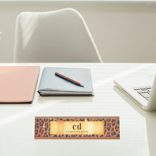 Porte-nom Pour Bureau Leopard motif brun noir or métallique monogramme