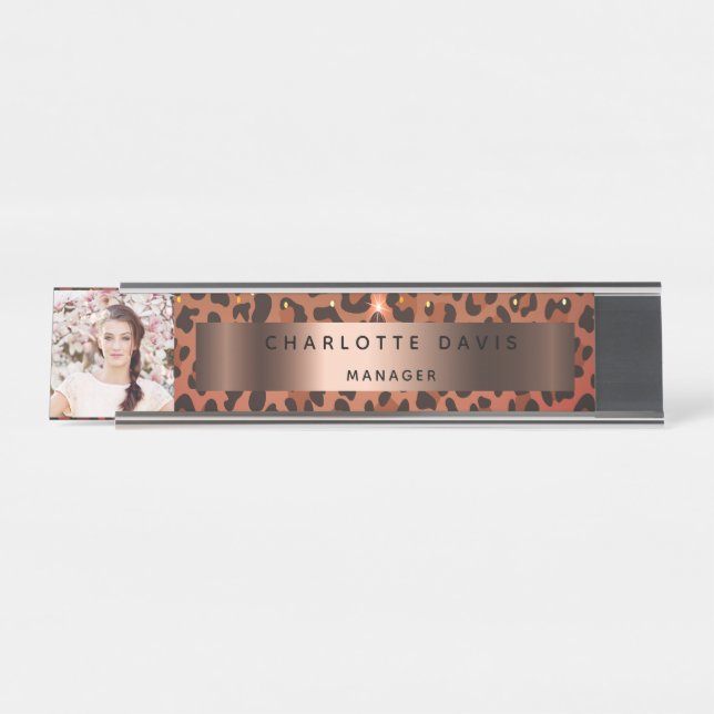 Porte-nom Pour Bureau Leopard motif brun rose or photo (Devant)