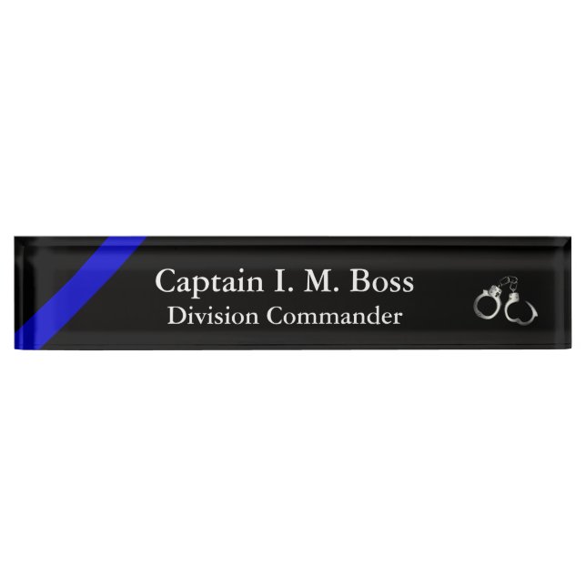 Porte-nom Pour Bureau Ligne Bleue Mince - Menottes Plaque (Devant)
