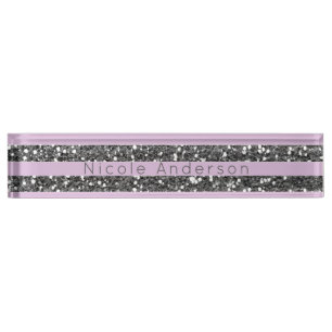 Porte-nom Pour Bureau Lilas lavande violet paillettes argentées rayures