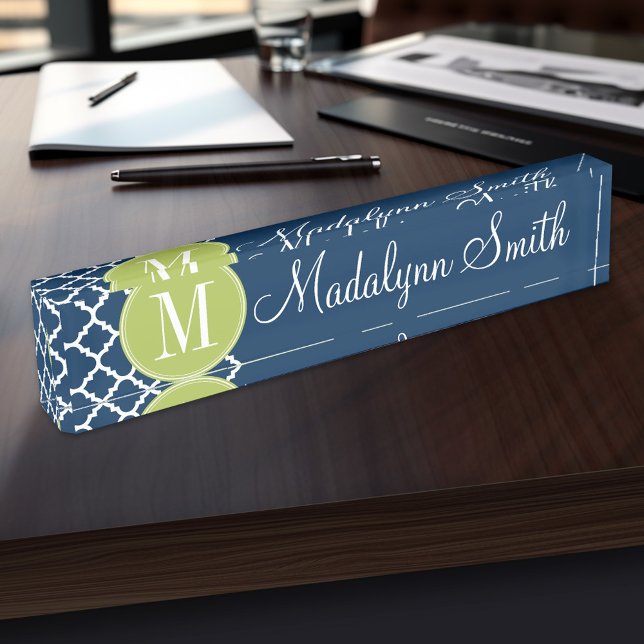 Porte-nom Pour Bureau Lime et marine Motif géométrique Monogramme person (Personalized Name Plate for the Office, School or Home)