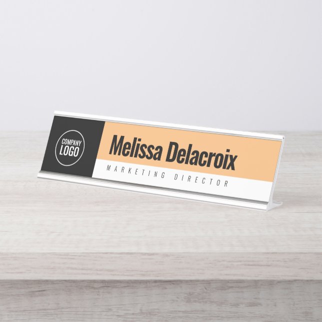 Porte-nom Pour Bureau Logo de l'entreprise d'employés Black Peach White  (Devant)