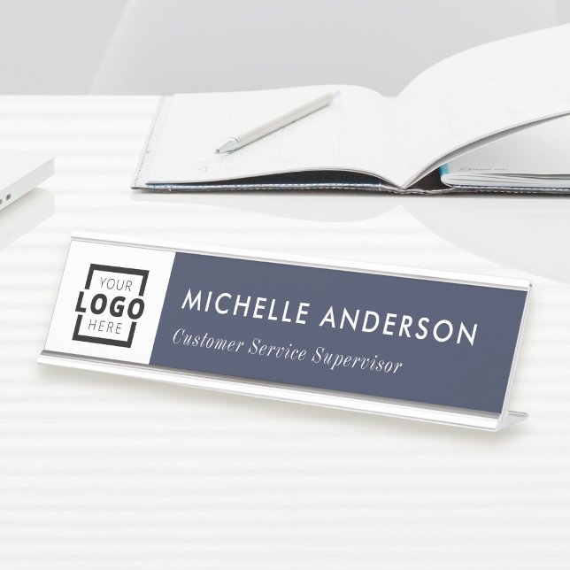 Porte-nom Pour Bureau Logo d'entreprise personnalisé bleu moderne employ (Créateur téléchargé)