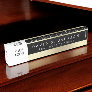 Porte-nom Pour Bureau Logo personnalisé Black Gold Elegant Professionnel