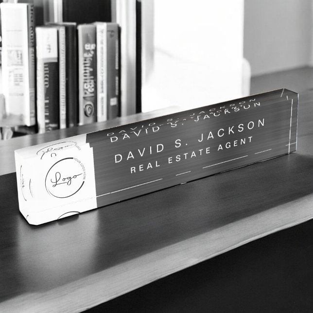 Porte-nom Pour Bureau Logo personnalisé Black Metallic Professional (Créateur téléchargé)