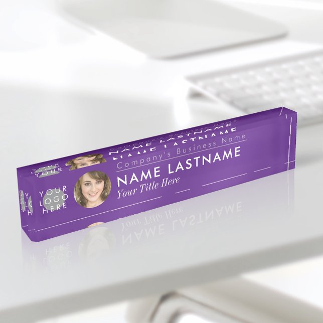 Porte-nom Pour Bureau Logo Personnalisé Chic Purple Photo Modern Profess (Créateur téléchargé)