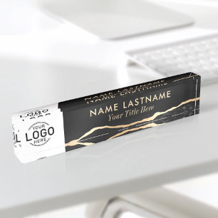 Porte-nom Pour Bureau Logo Personnalisé Marbre d'Agate d'Or Noir Luxe Mo