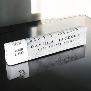 Porte-nom Pour Bureau Logo personnalisé Marbre gris blanc Élégant Profes