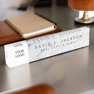 Porte-nom Pour Bureau Logo personnalisé Marbre gris blanc Élégant Profes