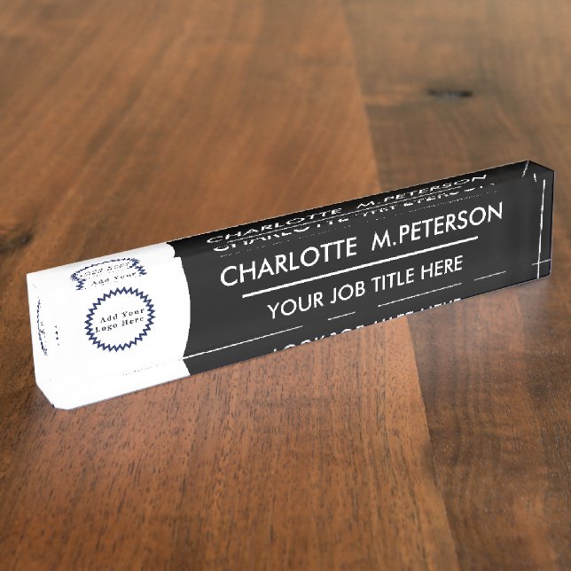 Porte-nom Pour Bureau Logo personnalisé moderne noir et blanc (Taille)