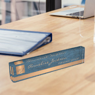 Porte-nom Pour Bureau Luxe élégant cuir bleu or monogrammed